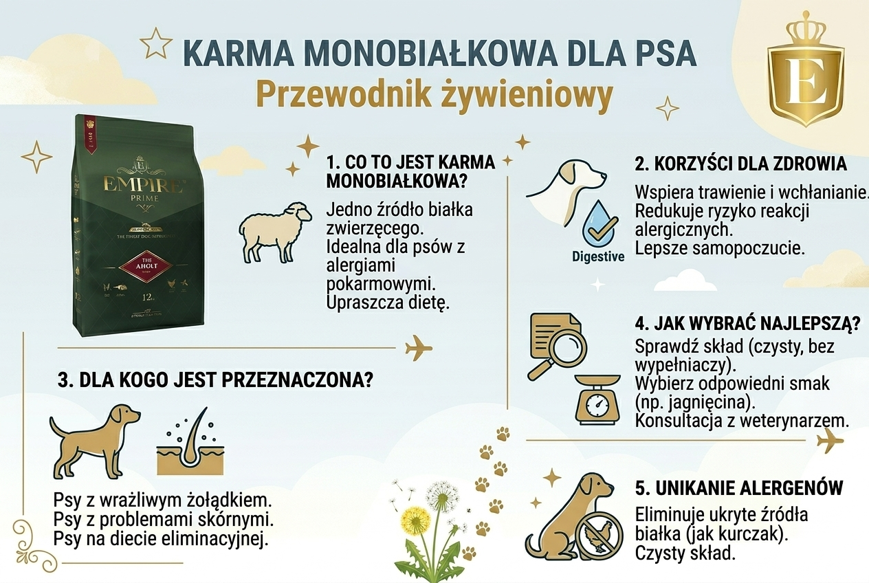 Infografika przedstawiająca najważniejsze informacje o karmie monobiałkowej dla psa, w tym korzyści zdrowotne, wsparcie przy alergiach pokarmowych, dietę eliminacyjną oraz wskazówki dotyczące wyboru karmy monoproteinowej dla psów z wrażliwym układem pokarmowym.